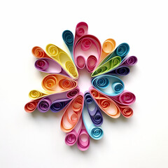 A multicolored paper flower on a white surface. Generative AI.