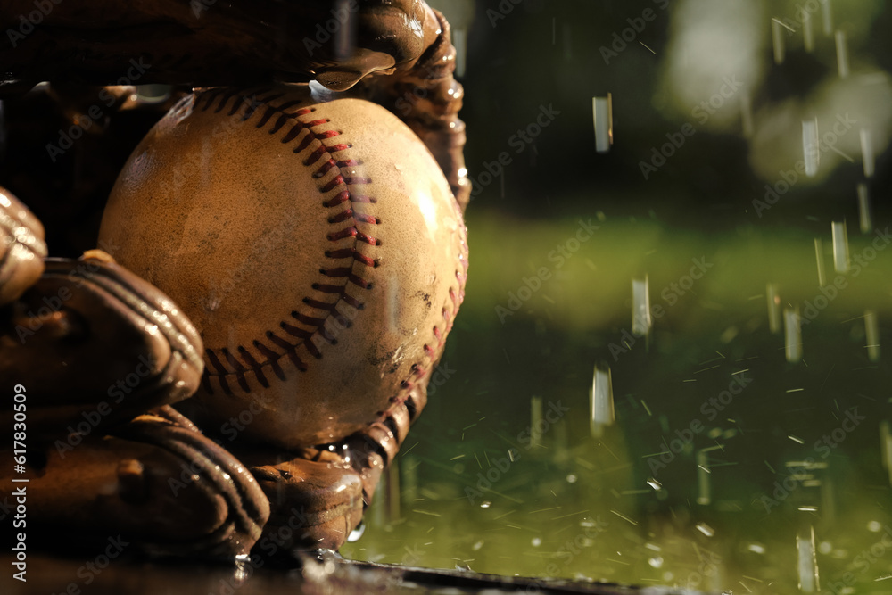 Wall mural baseball rain game concept with water in background of ball and glove. - Wall murals