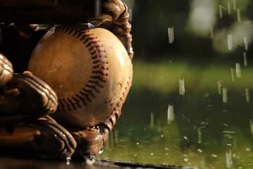 Baseball rain game concept with water in background of ball and glove.
