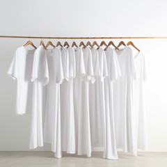 White minimalistic clothing hanging. Clean background. Generative AI.