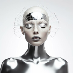 silver hyper minimalistic surreal high fashion portrait. Generative AI.