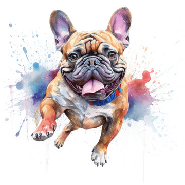 A watercolor painting of a dog with a blue collar. Generative AI.