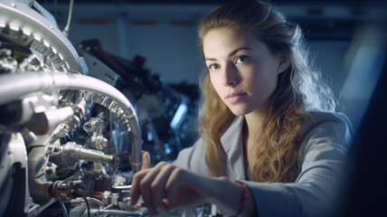 Naklejka na ściany i meble A proud and confident female aerospace engineer works on an aircraft, displaying expertise in technology and electronics. Generative AI