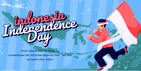 banner 17 august indonesia independence day background,vector illustration cartoon of people carrying indonesian flag