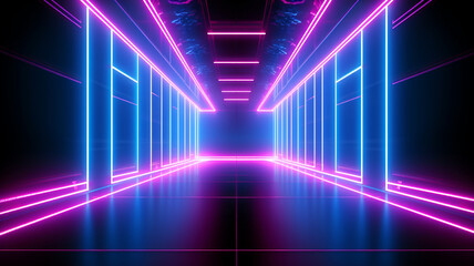 Fototapeta na wymiar Abstract futuristic neon light background. Stage room with neon led lines illustration. Generative AI