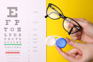 A table for checking vision, contact lenses and glasses with a colored background.