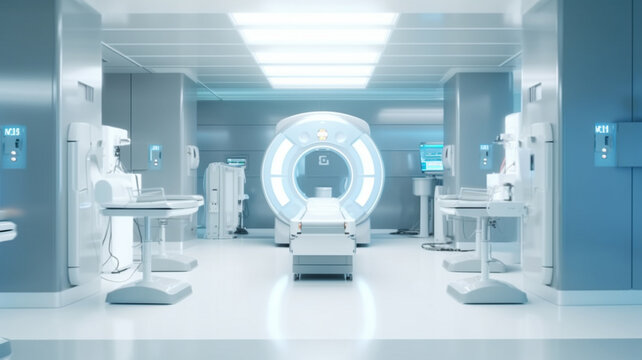 Advanced x-ray scan medical diagnosis machine at hospital health care lab as wide banner with copy space area. Generative AI