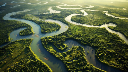 Aerial view of a river delta with lush green vegetation and winding waterways. Generative AI - obrazy, fototapety, plakaty