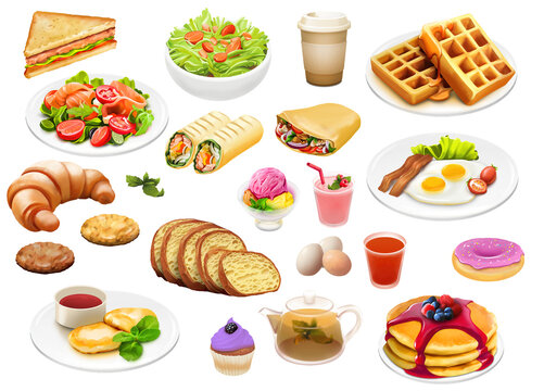 Breakfast Illustration Icons set, Breakfast food icon collection, Hand drawn digital graphics oil paint style icon pack