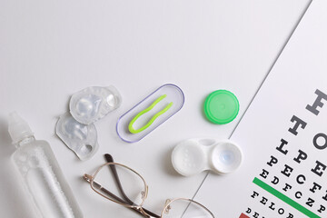 Vision test table, glasses and contact lenses on a white background.