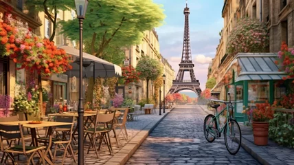 Fotobehang beautiful paint by number of cafe in Paris with the Eiffel tower. Generative AI © Aghavni