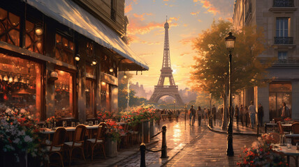 beautiful paint by number of cafe in Paris with the Eiffel tower. Generative AI