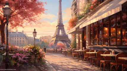 beautiful paint by number of cafe in Paris with the Eiffel tower. Generative AI - obrazy, fototapety, plakaty