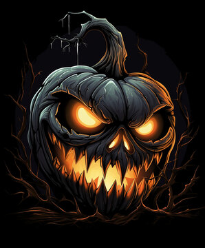 a creepy Halloween pumpkin  graphic on a black background