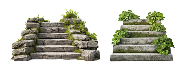 stairs made of large stone steps. Staircase lined with green plants for landscaping or garden design. Rock steps isolated on transparent background.