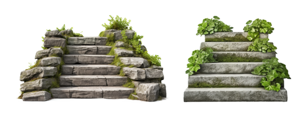 stairs made of large stone steps. Staircase lined with green plants for landscaping or garden design. Rock steps isolated on transparent background.