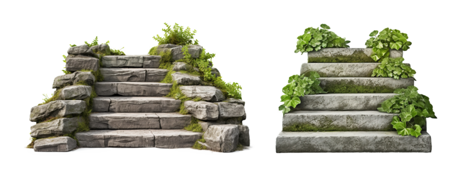 stairs made of large stone steps. Staircase lined with green plants for landscaping or garden design. Rock steps isolated on transparent background.