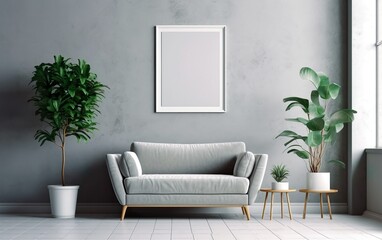 Living room with square mockup frame on the gray wall, decorated with elegant sofa. Green plants on the floor, Gray minimalist design scene in a scandinavian style