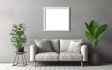 Living room with mockup frame on the blanc gray wall, decorated with white sofa and green plants, Minimalist scandinavian design scene