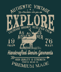 vintage style tee print design with deer silhouette drawing as vector