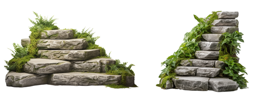 stairs made of large stone steps. Staircase lined with green plants for landscaping or garden design. Rock steps isolated on transparent background.