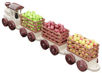 The toy train carries three boxes with red, green, yellow apples, rear view. 3D rendering