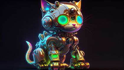 Adorable neon futuristic robot cat android. Cute machine colorful space kitty Ai generated image