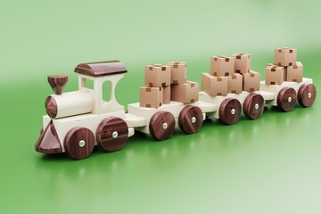 A toy wooden train pulls three trailers with cardboard boxes of different sizes, side view. 3D rendering