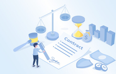 Signature contract concept. Man signing employment contract. Reading legal agreement, terms, conditions, policy lists. Isometric 3D vector design illustration with copy space.