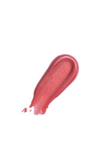 Top view of make-up swatch. Smear of shiny pink lip gloss with glitter