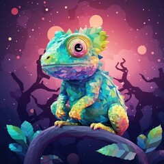 Chameleon sitting on a branch of a deciduous tree with green leaves in rain forest. Close up. Generative Ai.