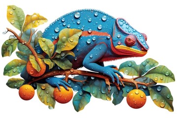 Chameleon sitting on a branch of a deciduous tree with green leaves in rain forest. Close up. Generative Ai.