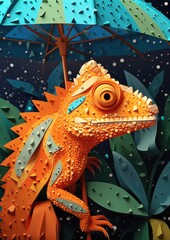 Fototapeta premium Close up chameleon hiding in orange leaves holding an umbrella in rain forest. Generative Ai.