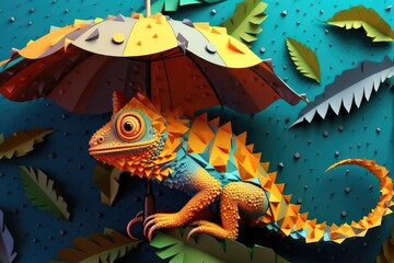Obraz na płótnie Canvas Close up of chameleon hiding in leaves of tree in a rain forest holding an umbrella. Generative Ai.