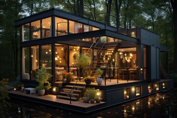 Small modern house model in a natural background, generative AI