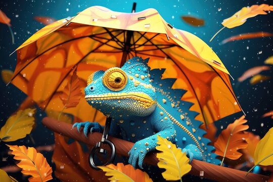 Close up chameleon hiding in orange leaves holding an umbrella in rain forest. Generative Ai.