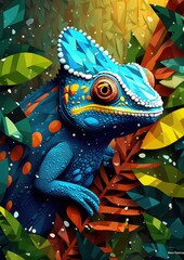 Close up of chameleon hiding in  leavesof tree in a rain forest. Generative Ai.