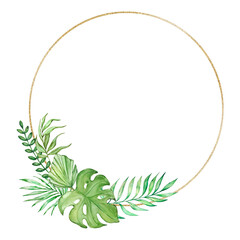 Watercolor tropical leaves with gold geometric round frame