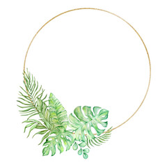 Watercolor tropical leaves with gold geometric round frame