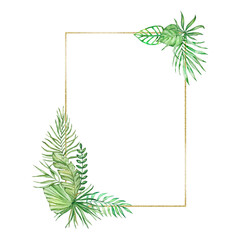 Watercolor tropical leaves with golden geometric rectangular frame