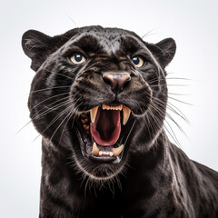 Predatory angry scary black panther leopard growls and bares its fangs, head close-up isolated on white background, generative ai