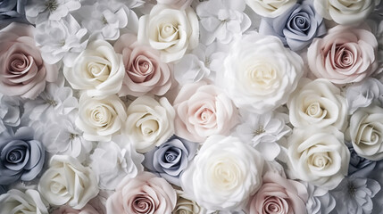 Obraz na płótnie Canvas Colored roses festive wedding background, top view, white roses. AI generated.