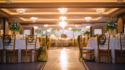 Fototapeta na wymiar Wedding banquet festive restaurant hall decorated with flowers. AI generated.