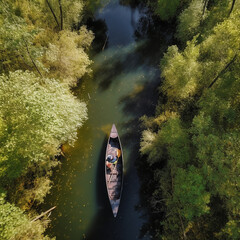 Beautiful river, a forest along the banks, a canoe boat floats along the river, a view from the top, aerial photography, a beautiful scenic landscape, generative ai