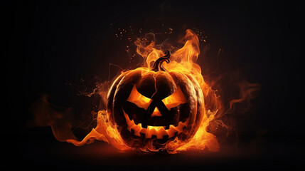 Halloween scary pumpkin on fire, black background, isolate. AI generated.