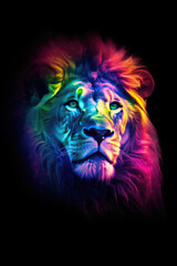 Lion coloring rainbow on a black background. Generative AI

