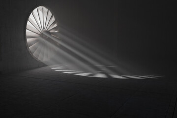 3D rendering of an agef turbine with light rays in concrete garage