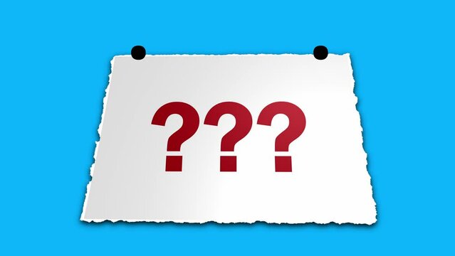 Question marks written on white torn paper note pad notes blue background animation 