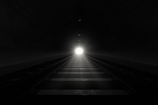 3D rendering of darken train tunnel with light at the end