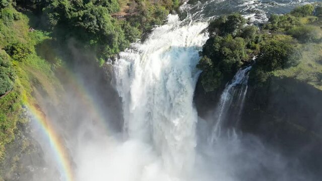 Aerial drone view of Victoria Falls and its rainbows